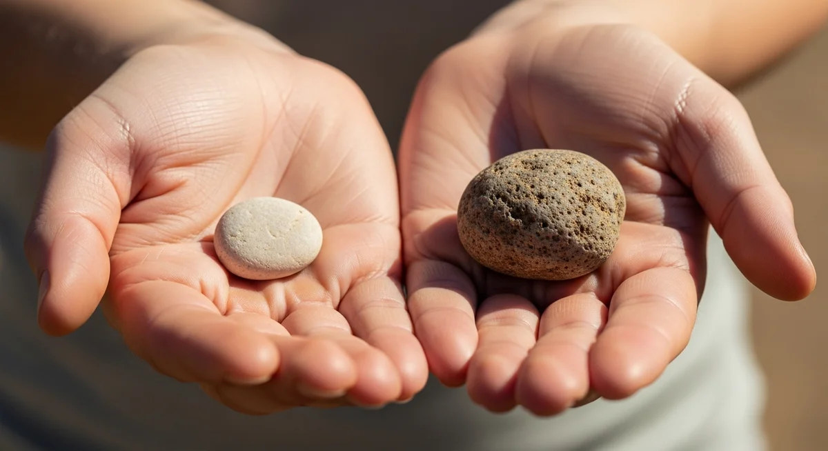 Two open hands gently holding a small light pebble and a larger dark pebble.
