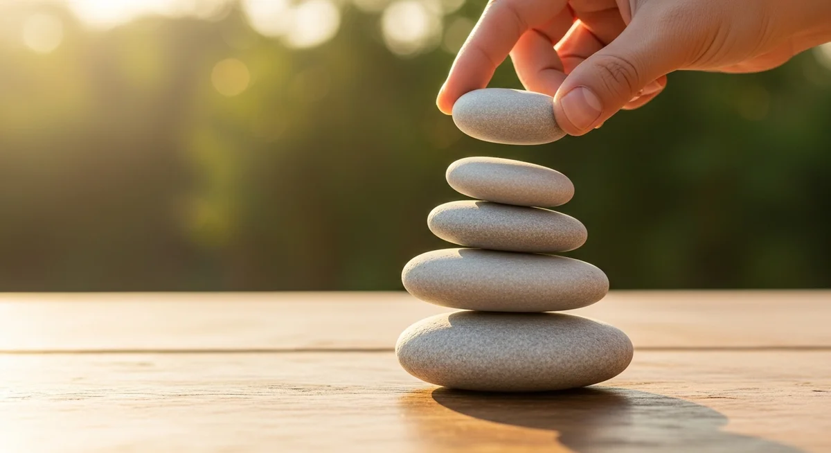 A stack of smooth river stones on wood, with one stone being gently lifted from the top.