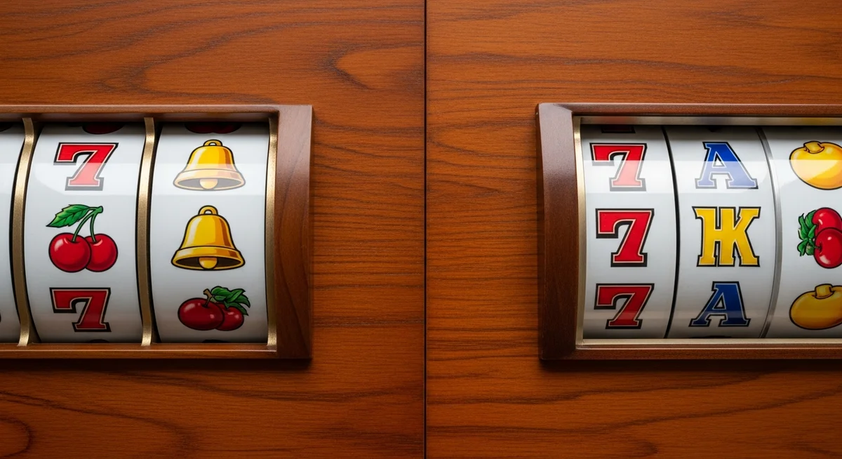 A split image comparing still slot machine reels on one side with symbols gently cascading and being replaced on the other.