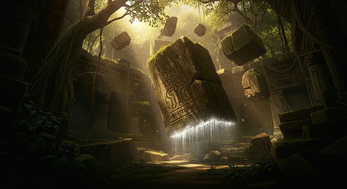 Weathered stone blocks with ancient glyphs gently shifting amidst lush jungle ruins, bathed in warm sunlight.