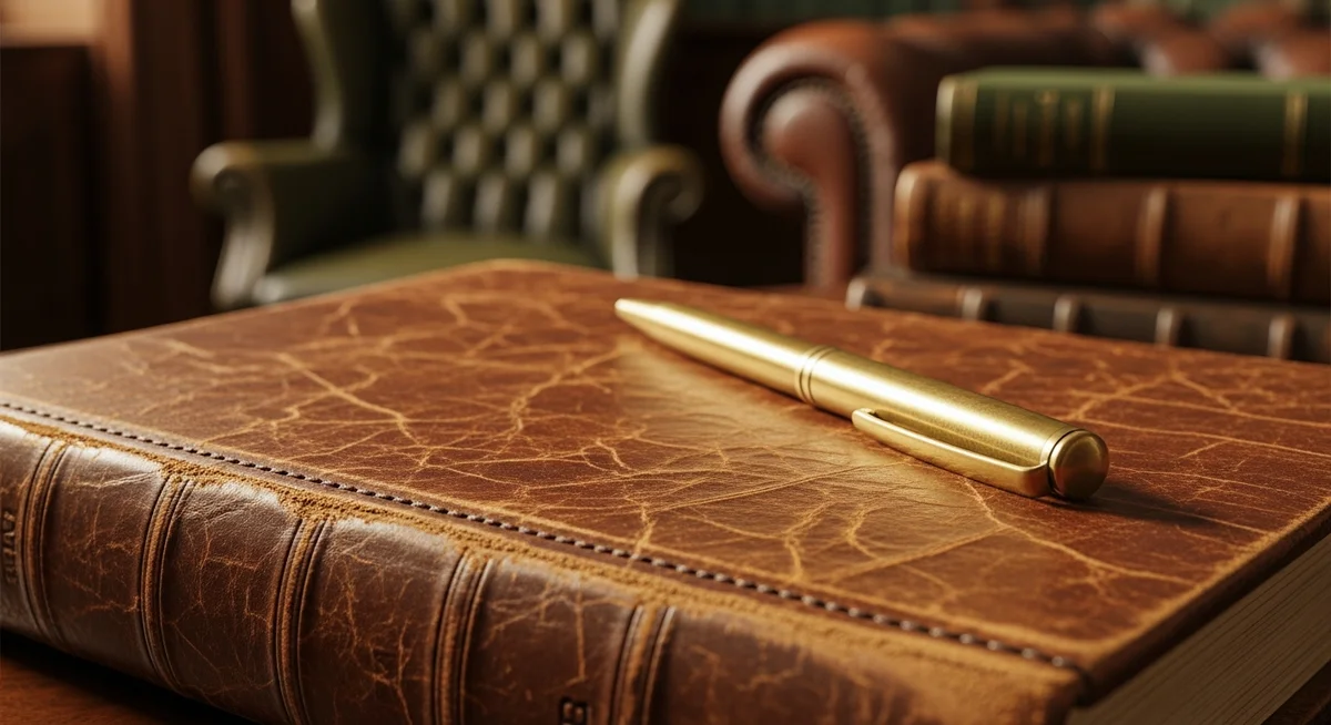 A close-up of a vintage leather-bound journal and an antique brass pen, evoking traditional English bookmaking.