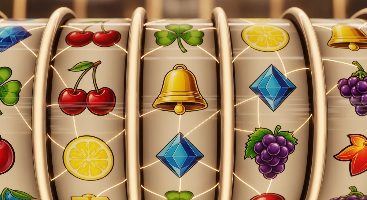 A close-up, abstract illustration of slot machine reels displaying various colorful symbols and subtle glowing lines indicating paylines.