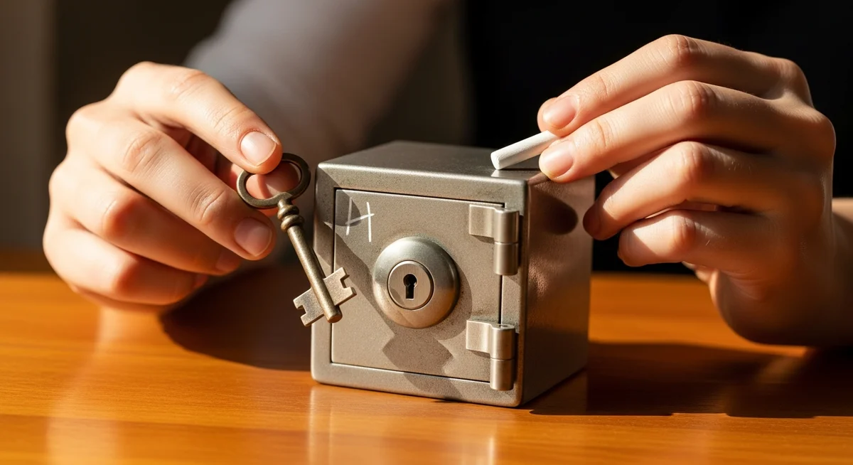 A close-up of hands interacting with a small, antique safe and an ornate key on a warm wooden surface.