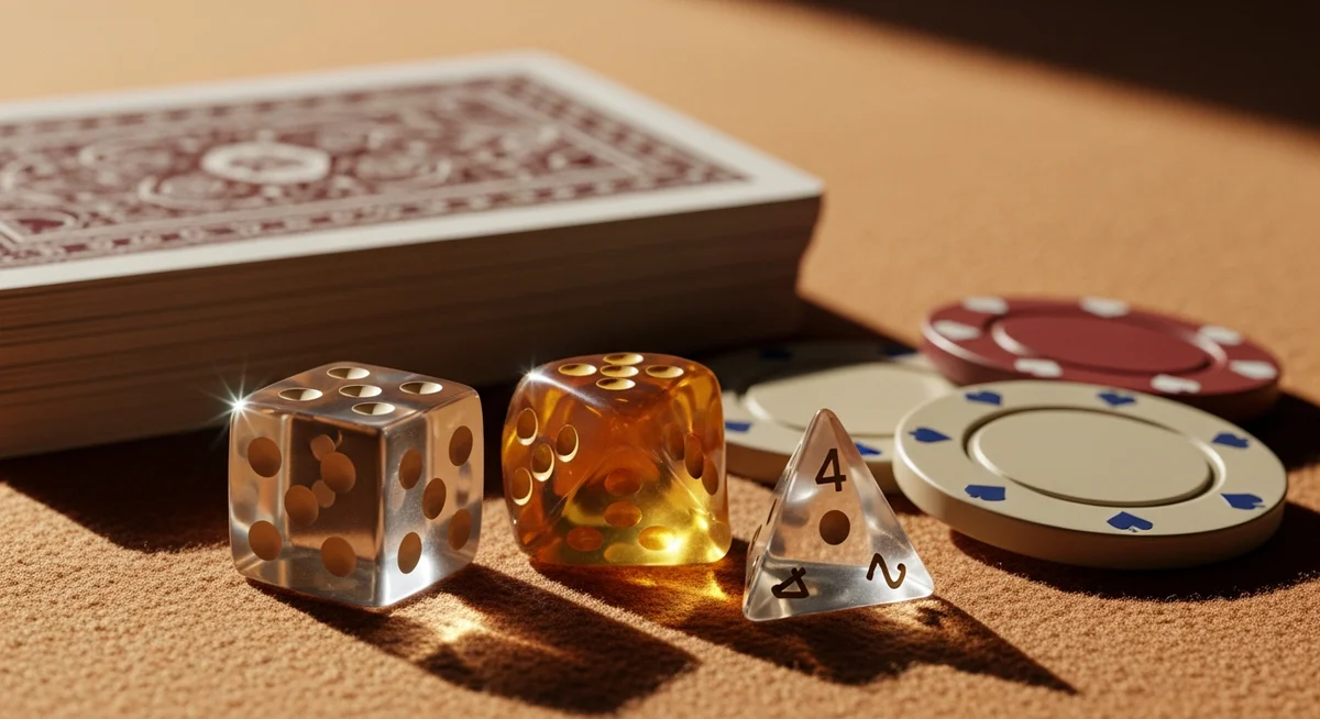 A serene still life featuring translucent dice, vintage playing cards, and poker chips on a soft, warm fabric.