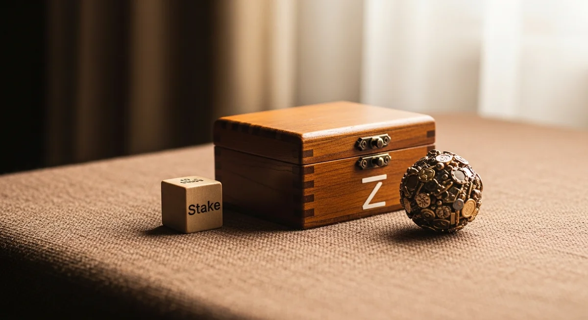 A close-up of two valuable objects and an antique wooden box on a textured fabric, subtly representing a ratio of stake to profit in warm daylight.
