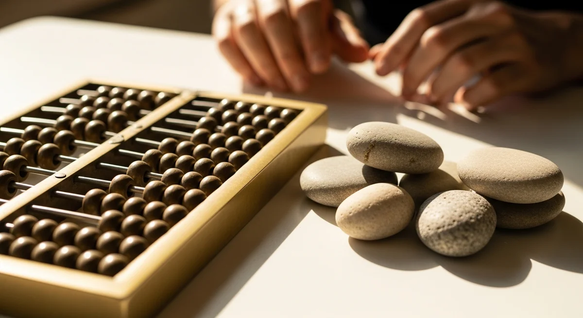 A vintage brass abacus and polished river stones on a textured surface, symbolizing the calculation of implied probability in warm daylight.