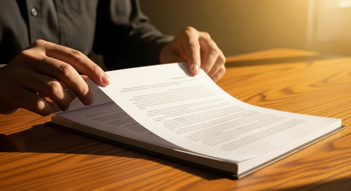 Hands carefully examining a thick, authoritative document on a warm wooden desk, illuminated by natural light.