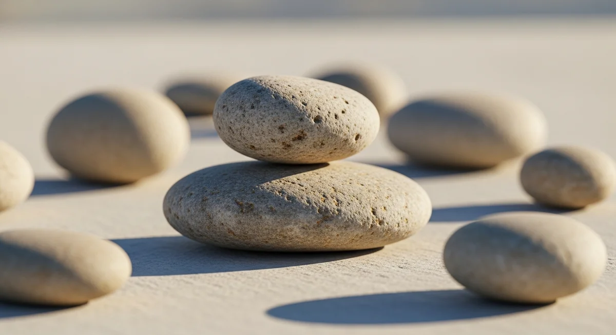 Smooth river stones balanced and scattered, bathed in warm daylight, symbolizing random generation.