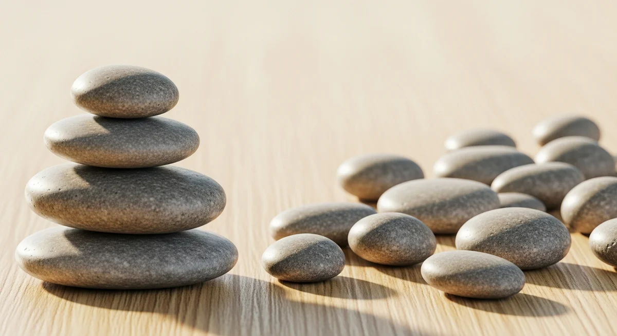 A stack of smooth river stones contrasts with scattered stones, illustrating strategy versus chance.