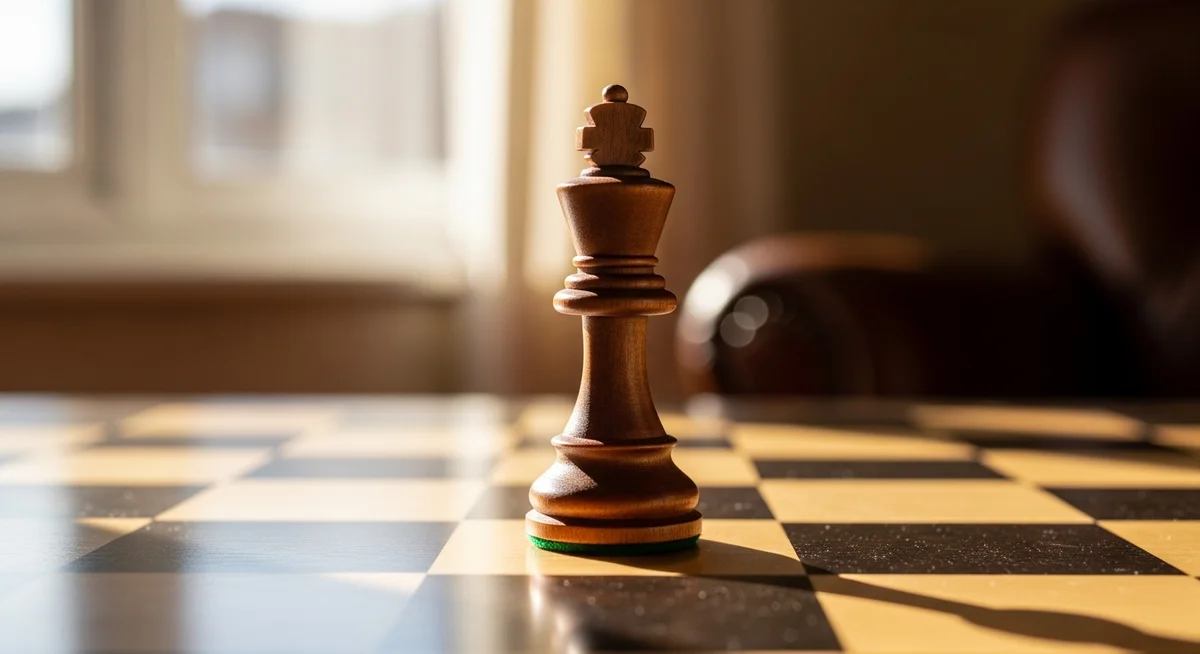 An elegant wooden chess piece sits poised on a chessboard, representing strategic decision-making.