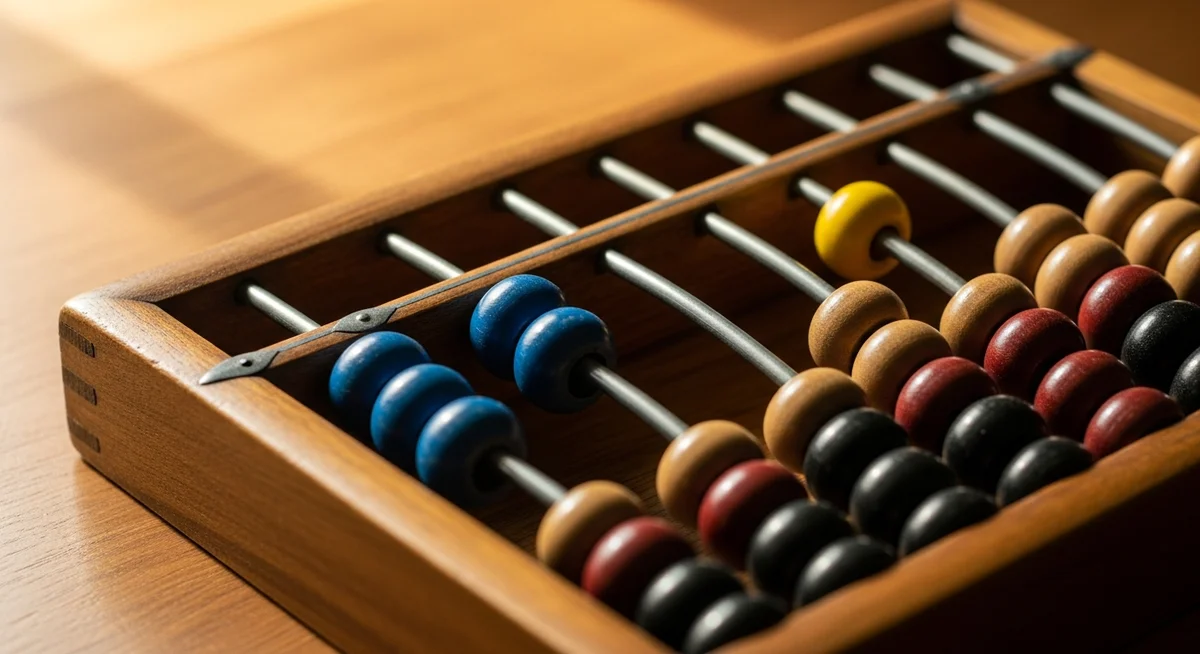A vintage wooden abacus with colorful beads, subtly arranged to represent mathematical calculation.