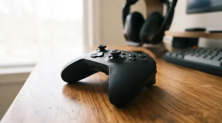 A sleek, modern gaming controller rests on a warm, polished wooden surface