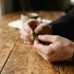 Anxious hands nervously fiddling with a single worn coin on a warm, textured wooden table