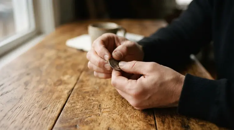 Anxious hands nervously fiddling with a single worn coin on a warm, textured wooden table