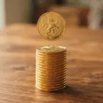 A single gold coin levitates above a stack of identical coins sitting on a wooden surface