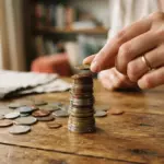 A person's hand places a coin onto a stack of coins on a wooden table beside a bowl