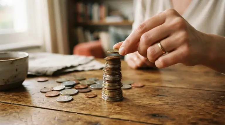 A person's hand places a coin onto a stack of coins on a wooden table beside a bowl