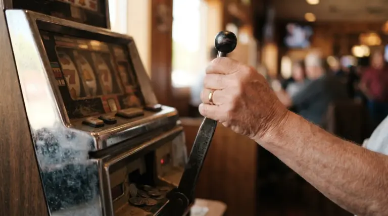 A player's hand calmly pulls the worn lever of a classic mechanical slot machine, seen in a close-up from a slight low angle