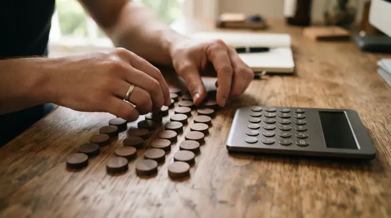 Person wearing a ring arranges wooden discs on a wooden desk next to a calculator