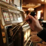 A detailed close-up of a classic slot machine's polished spin lever, subtly pulled