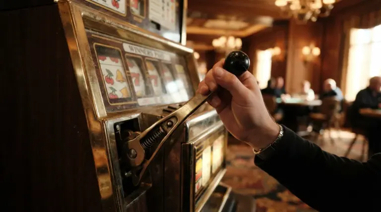 A detailed close-up of a classic slot machine's polished spin lever, subtly pulled
