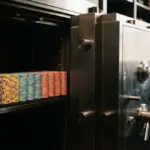 An open metal vault containing rows of colorful casino chips on a shelf inside a stone room
