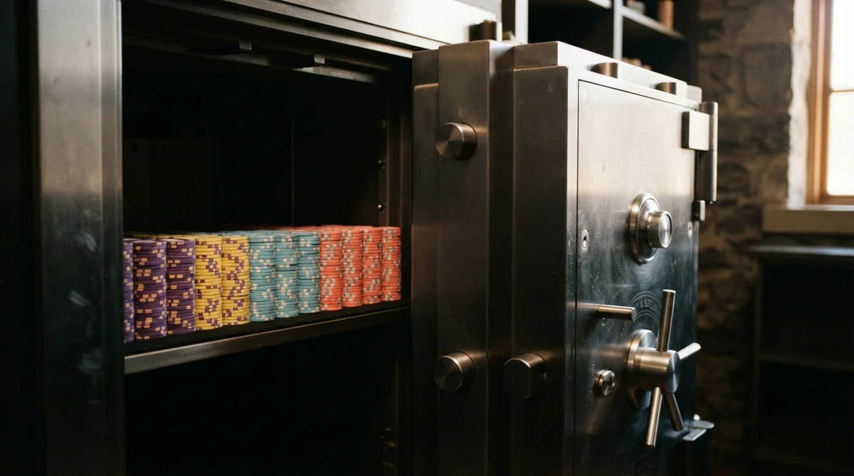 An open metal vault containing rows of colorful casino chips on a shelf inside a stone room