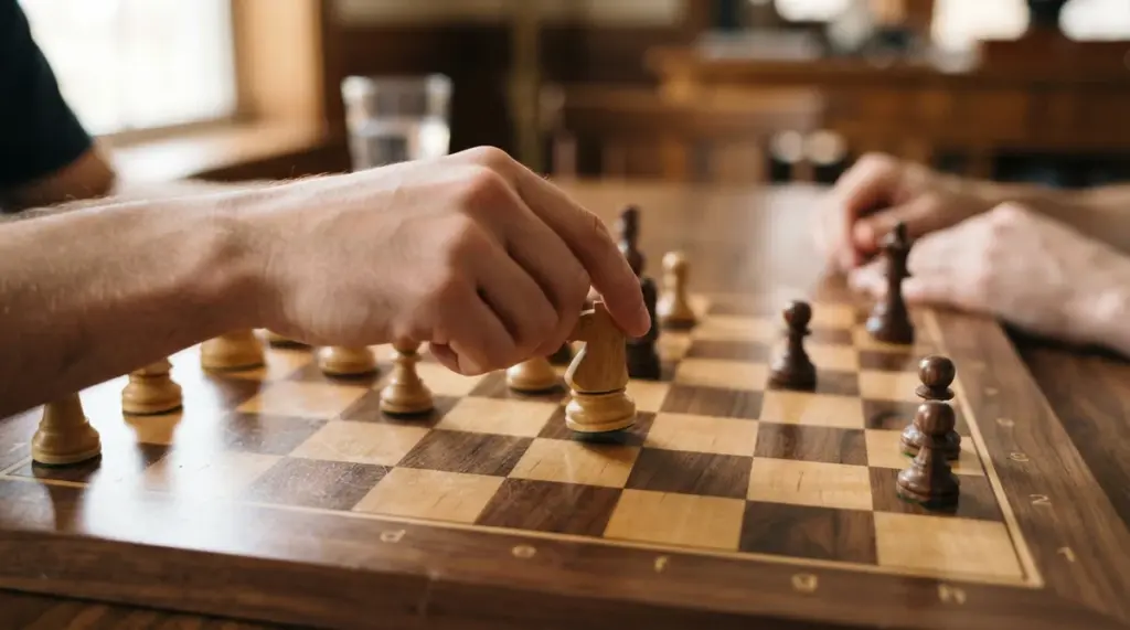 A pair of human hands carefully placing a chess piece on a polished wooden chessboard, seen in a close-up