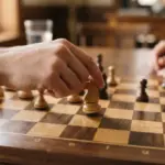 A pair of human hands carefully placing a chess piece on a polished wooden chessboard, seen in a close-up