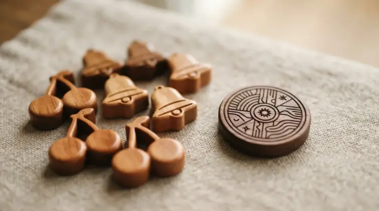 Close-up of exquisitely crafted, polished wooden tokens, subtly shaped like classic slot machine cherries and bells